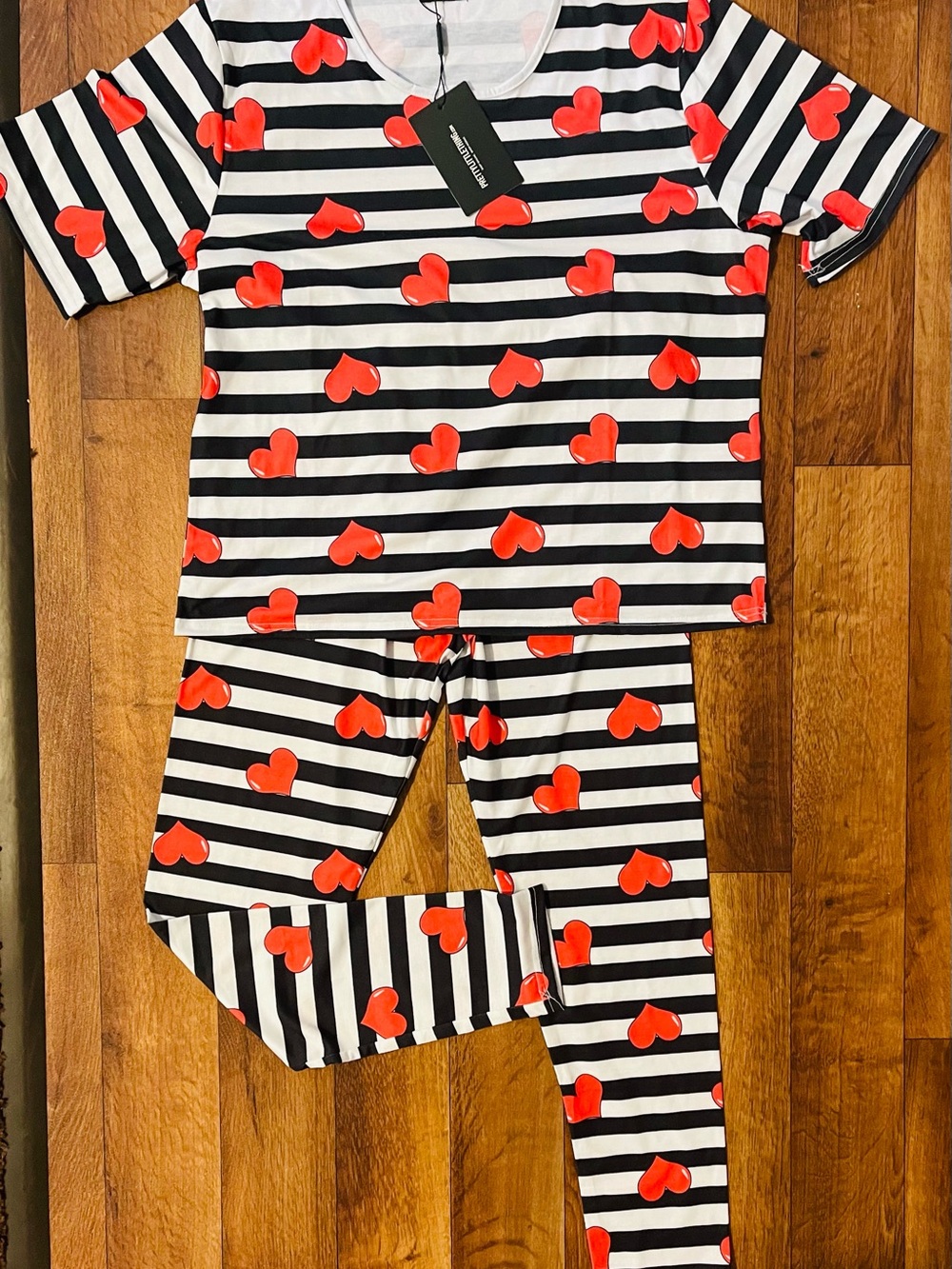 Pretty Little Thing Black & White Striped Pajama Set with Red Hearts